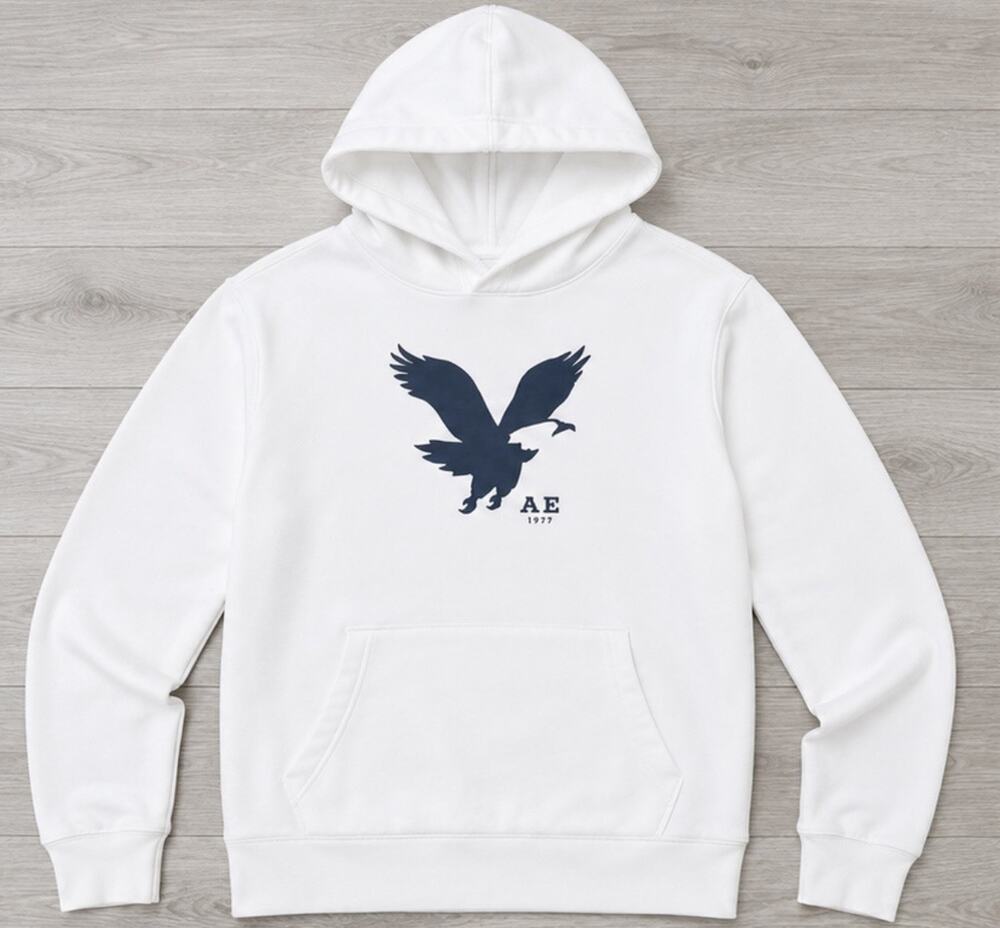 American Eagle Hoodie Men’s Small White Pullover Graphic Logo Fleece Sweatshirt